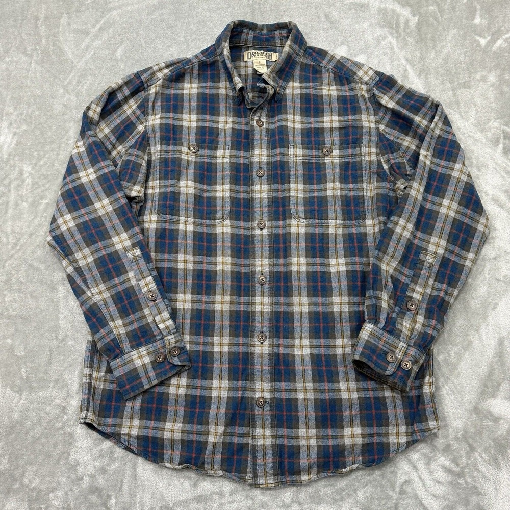 Duluth Shirt Mens Large Gray Blue Plaid Long Sleeve Button Down Trim Fit Pockets